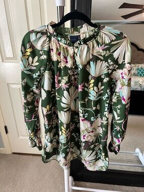 Kaari Blue Olive Green Floral Long Sleeve Blouse Sz L